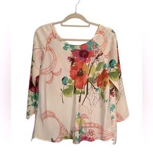 Sunny Leigh floral silky poly pullover 3/4 sleeve blouse sz L